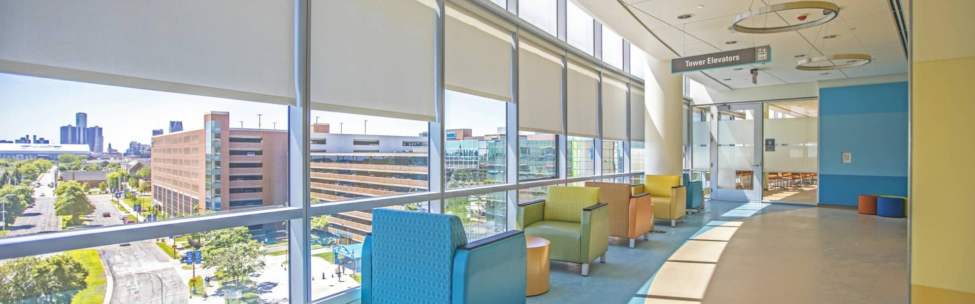 Interior hallway and sitting area of DMC Children's Hospital.