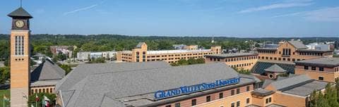 Aerial view of Grand Valley State University clock tower and buildings.