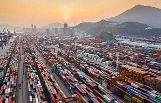 Aerial shot of shipping yard.