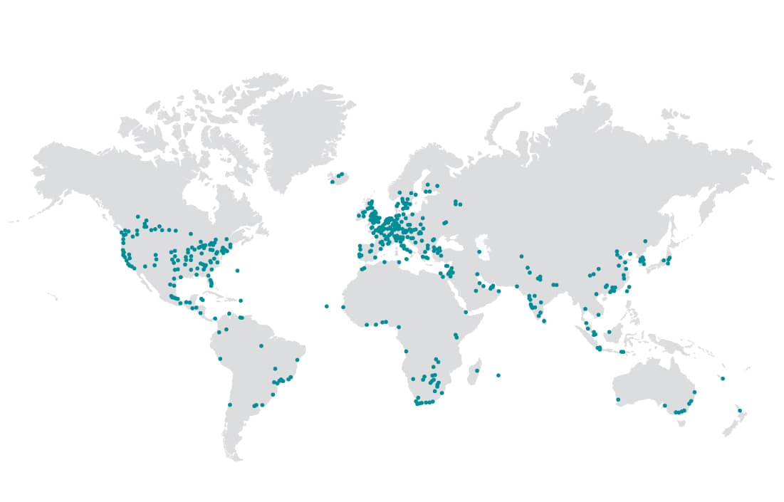 Worldview map of the Praxity Alliance member locations. 